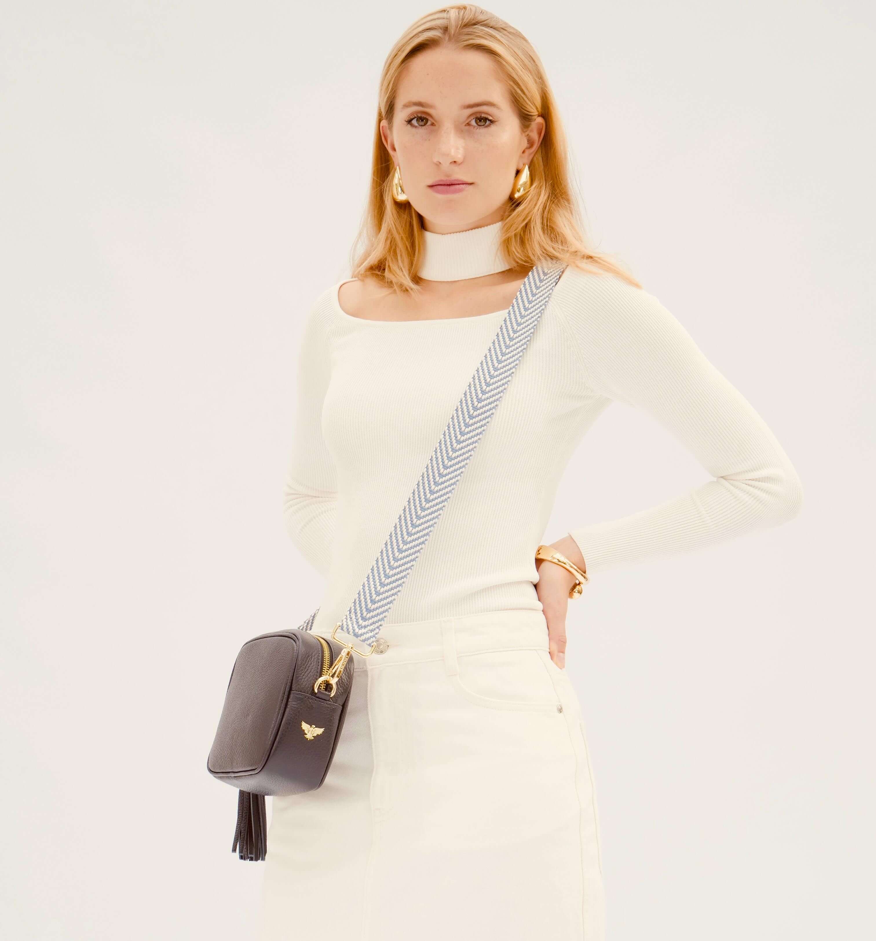 Apatchy London The Tassel Navy Leather Crossbody Bag With Denim Chevron Strap
