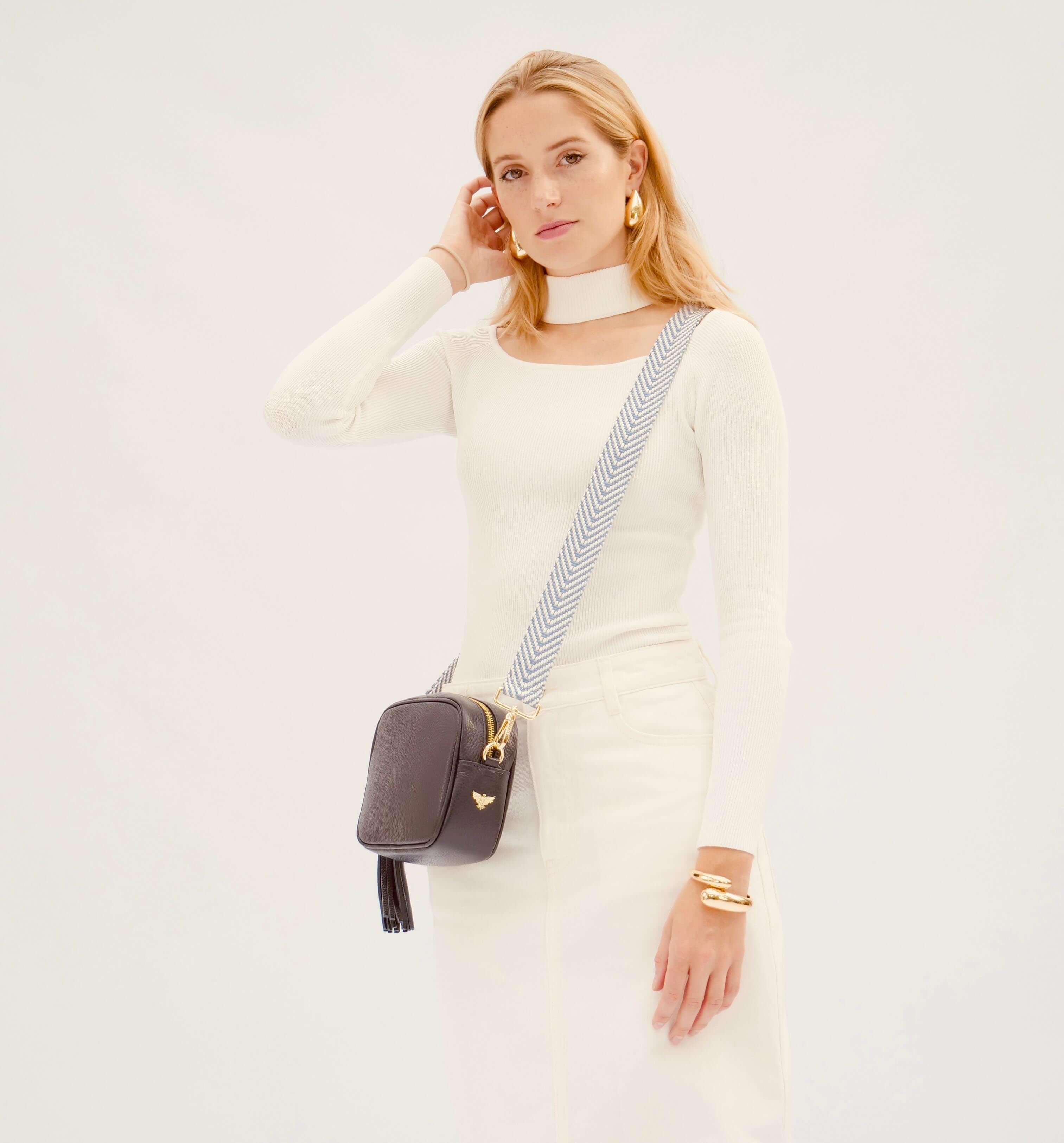 Apatchy London The Tassel Navy Leather Crossbody Bag With Denim Chevron Strap