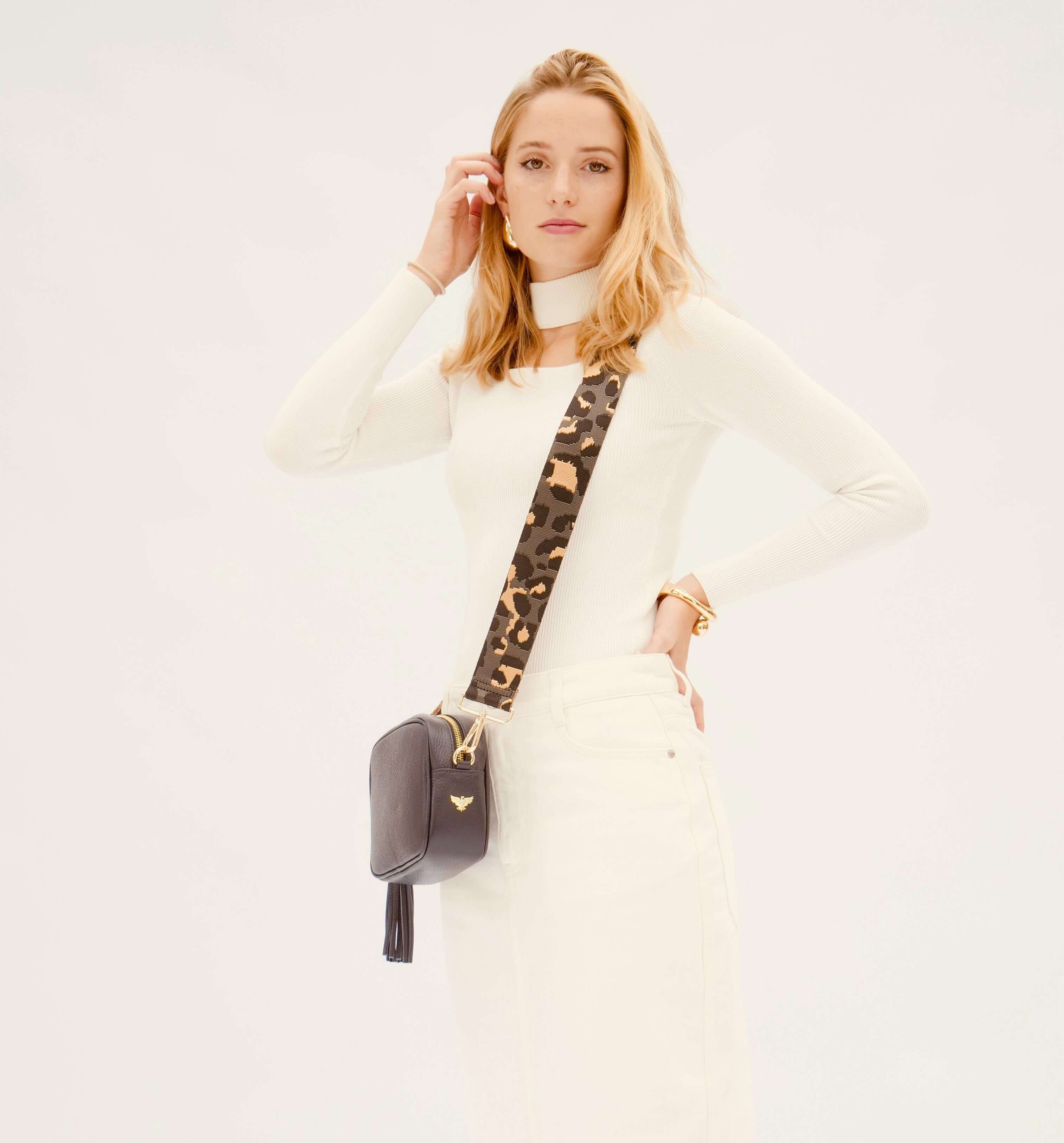 Apatchy London The Tassel Navy Leather Crossbody Bag With Grey Leopard Strap