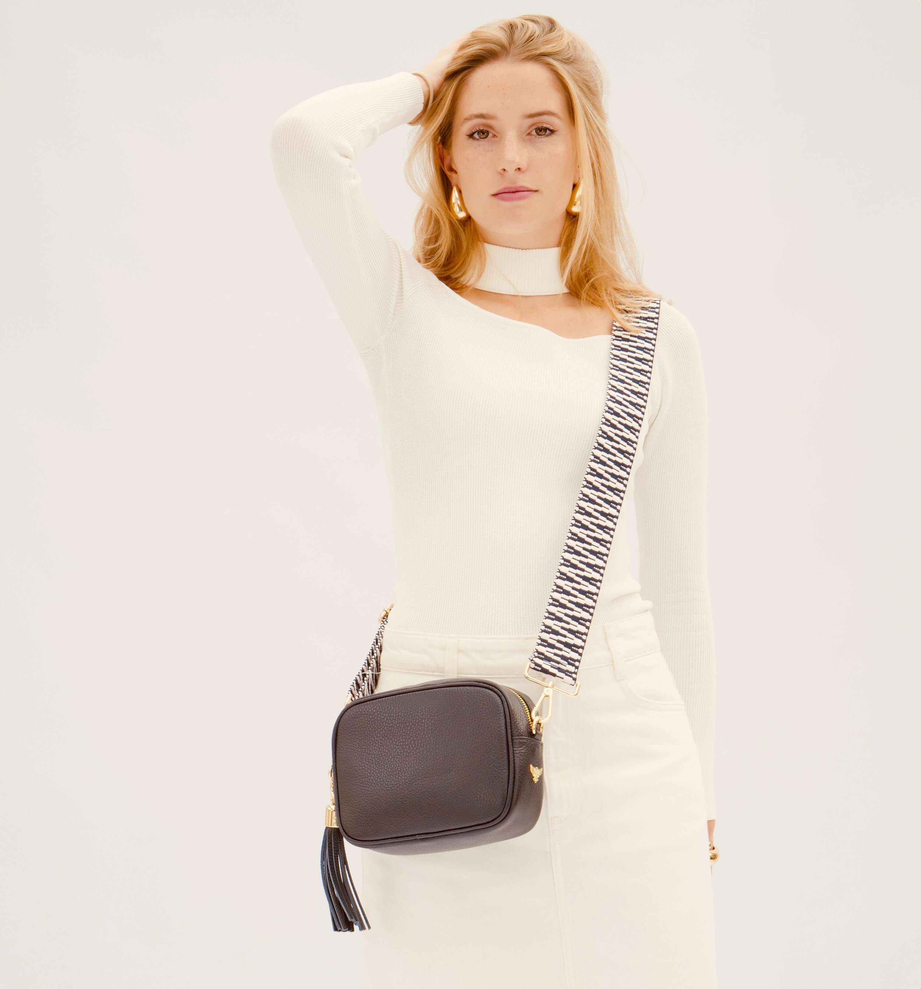 Apatchy London The Tassel Navy Leather Crossbody Bag With Navy & White ZigZag Strap