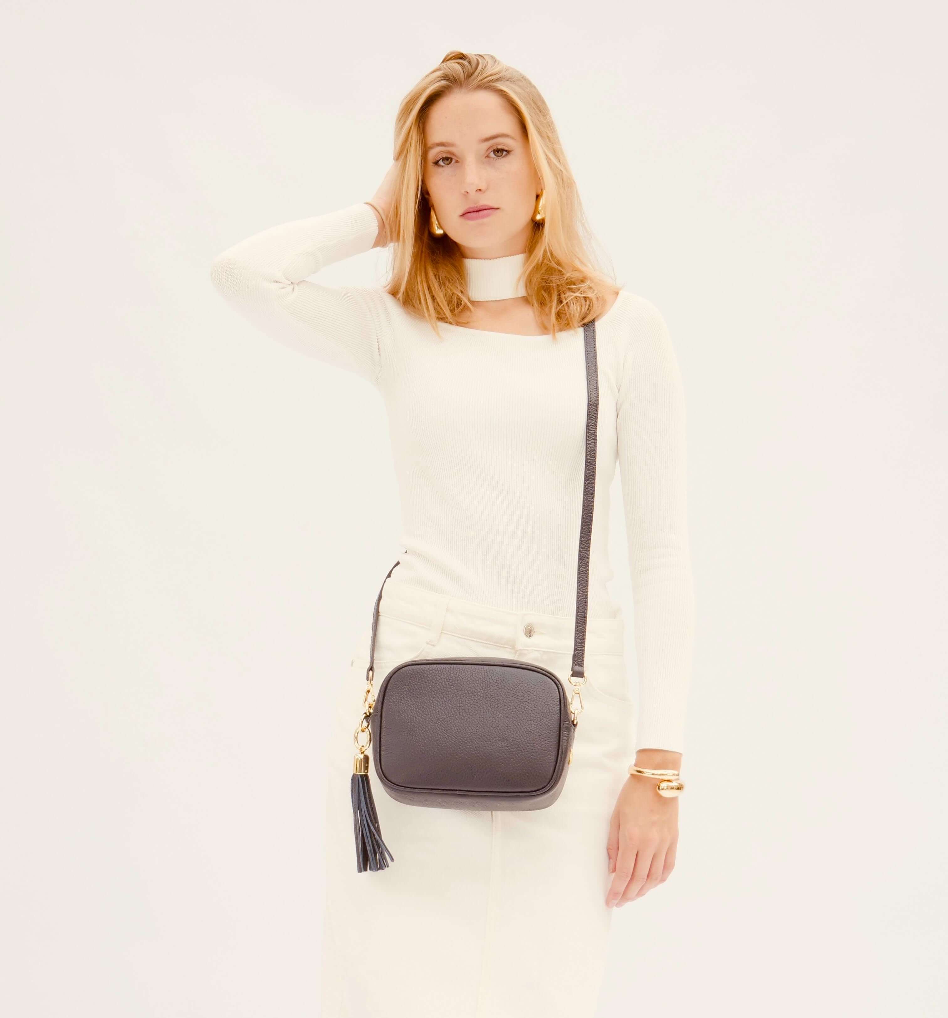 Apatchy London The Tassel Navy Leather Crossbody Bag With Leather & Canvas Strap