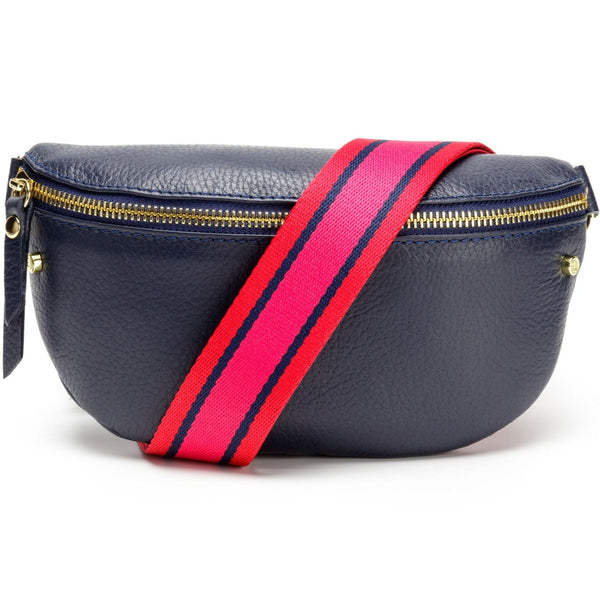 Elie Beaumont Sling Bag - Navy with Fuchsia Red Stripe Strap