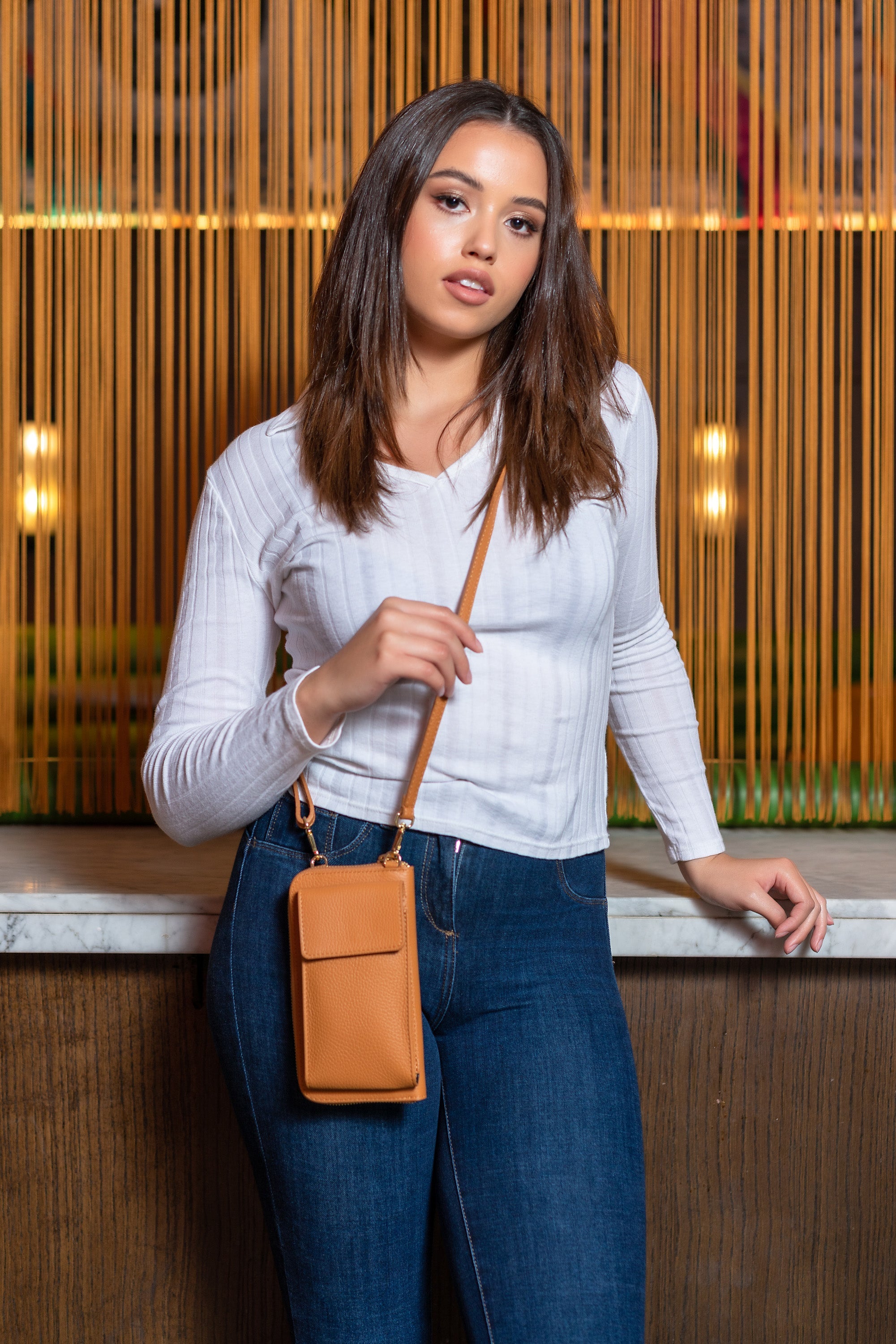 Elie Beaumont Phonebag Tan (Orange/Black strap)
