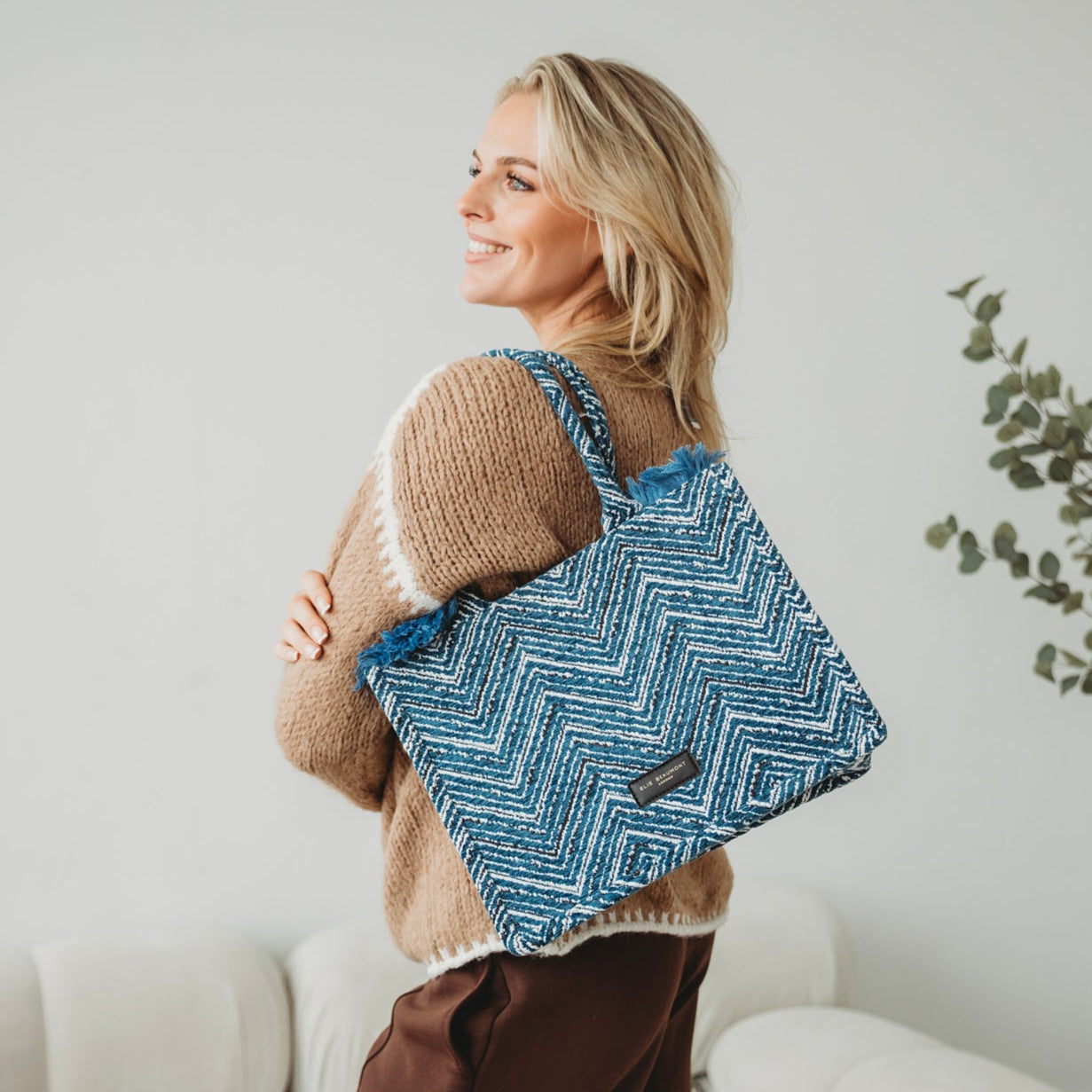 Elie Beaumont Fabric Tote - Velvet Teal Chevron