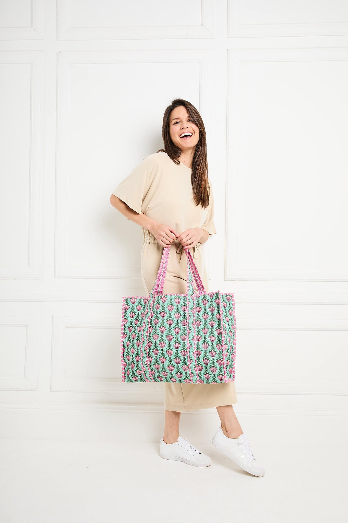 Elie Beaumont Serendipity Cotton Quilted Tote - Lt Green Lotus