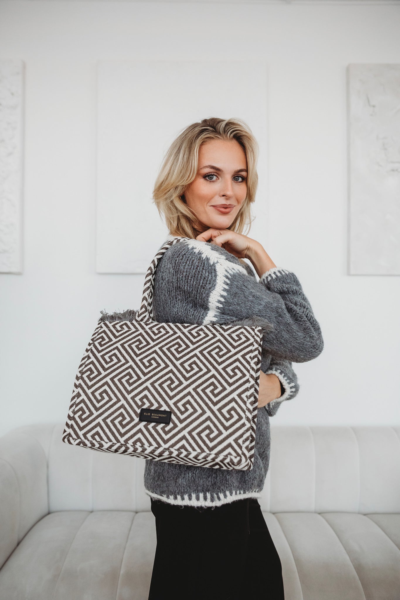 Elie Beaumont Fabric Tote - Grey Ivory Grecian