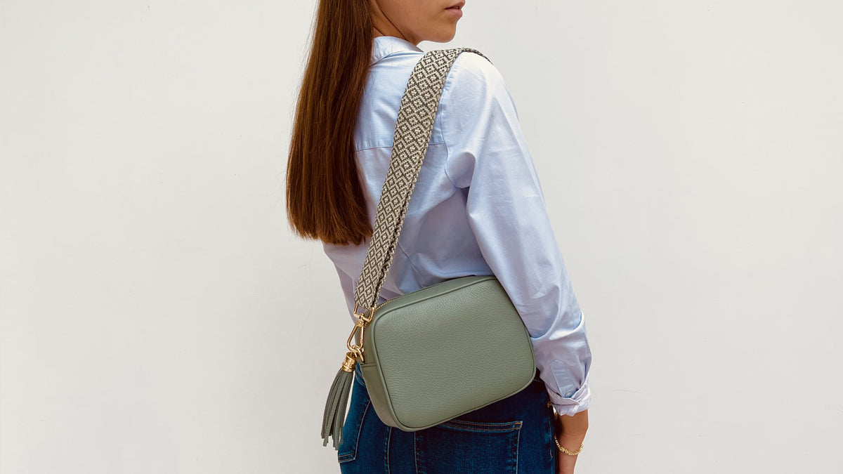Apatchy London The Tassel Pistachio Leather Crossbody Bag With Pistachio Cross-Stitch Strap
