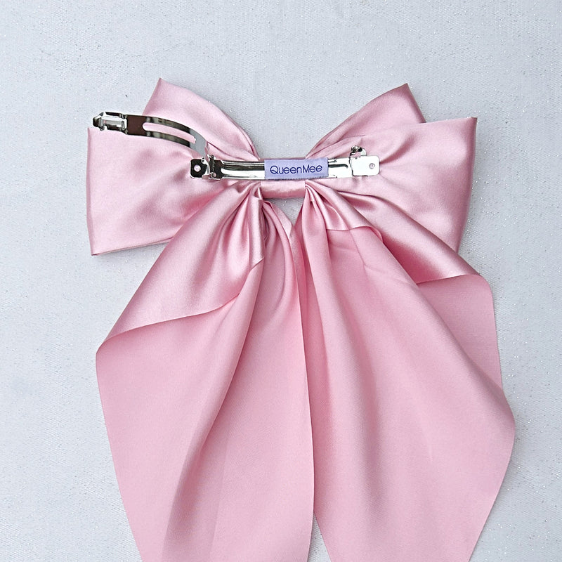 QueenMee Pink Satin Hair Bow Pink Hair Clip Long Bow