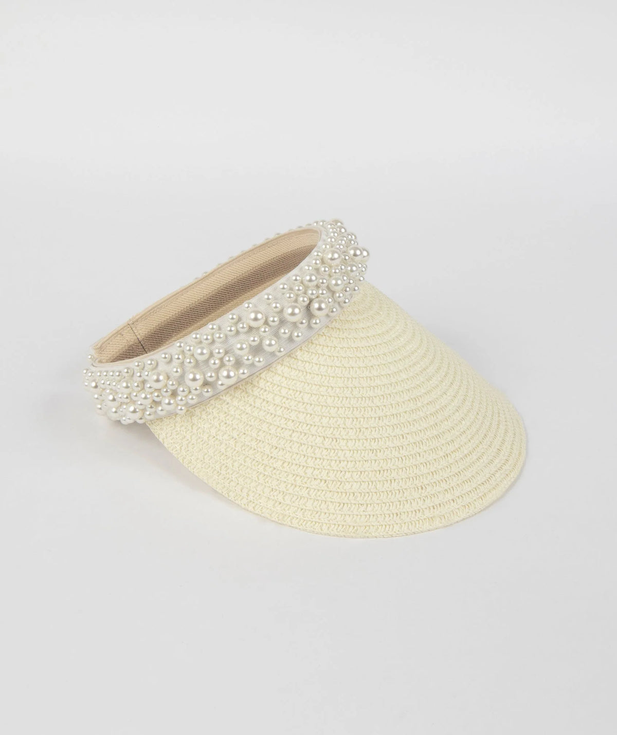 Ivory straw visor with pearl-embellished headband