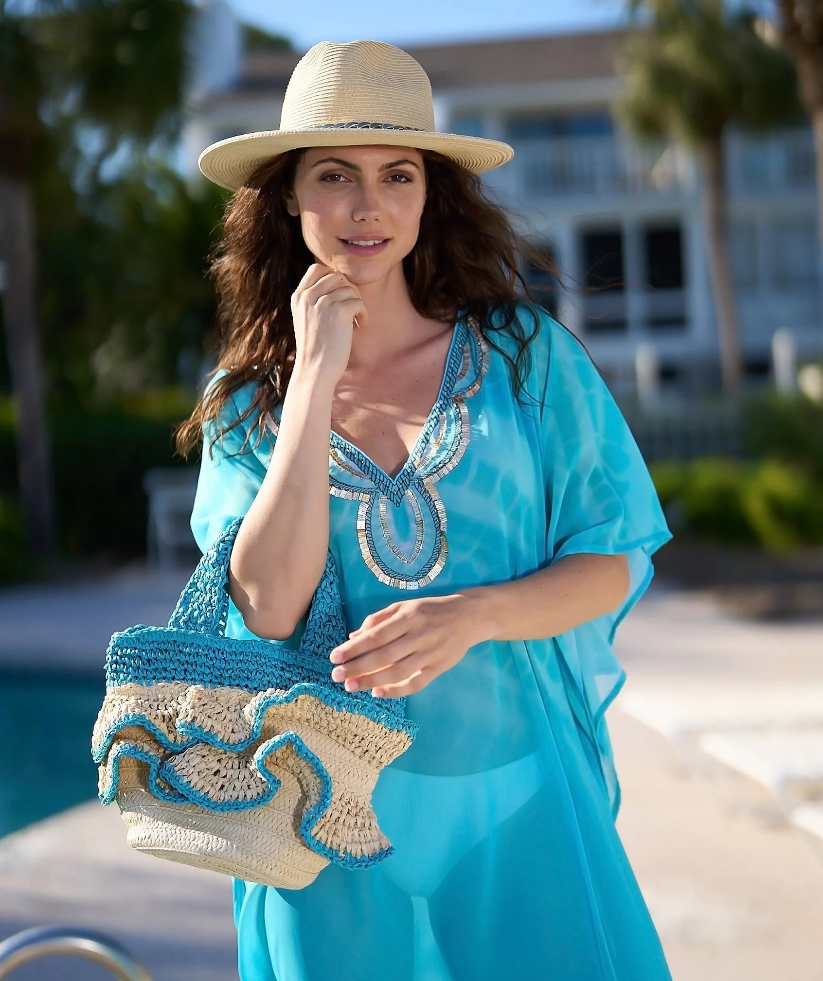 Sand and Turquoise Ruffle Detail Bag with Crossbody Strap