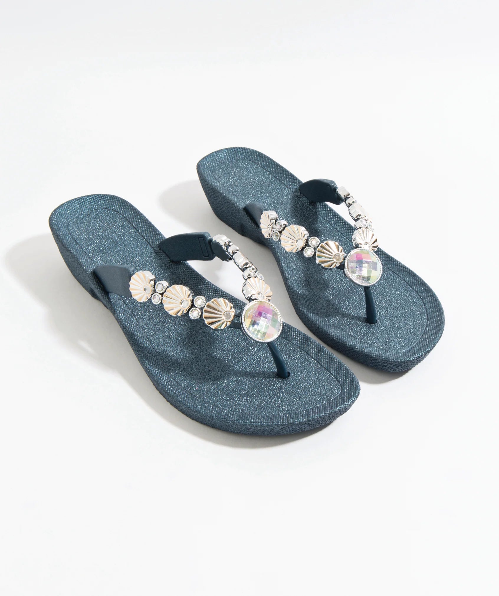 Navy Wedged Embellished Sandals with Non-Slip Sole