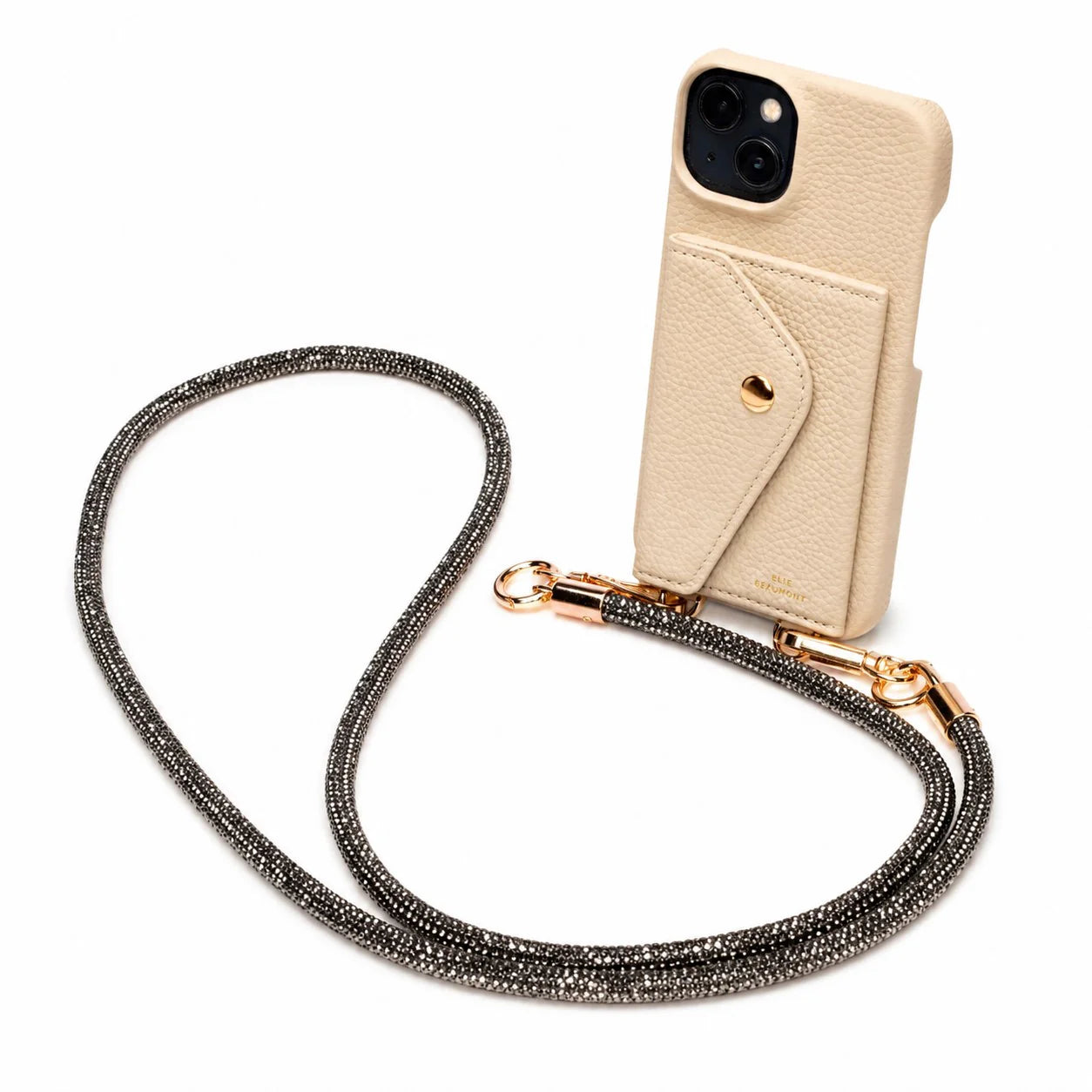 Elie Beaumont Genuine Leather iPhone Case - Stone - Black Diamante Lanyard