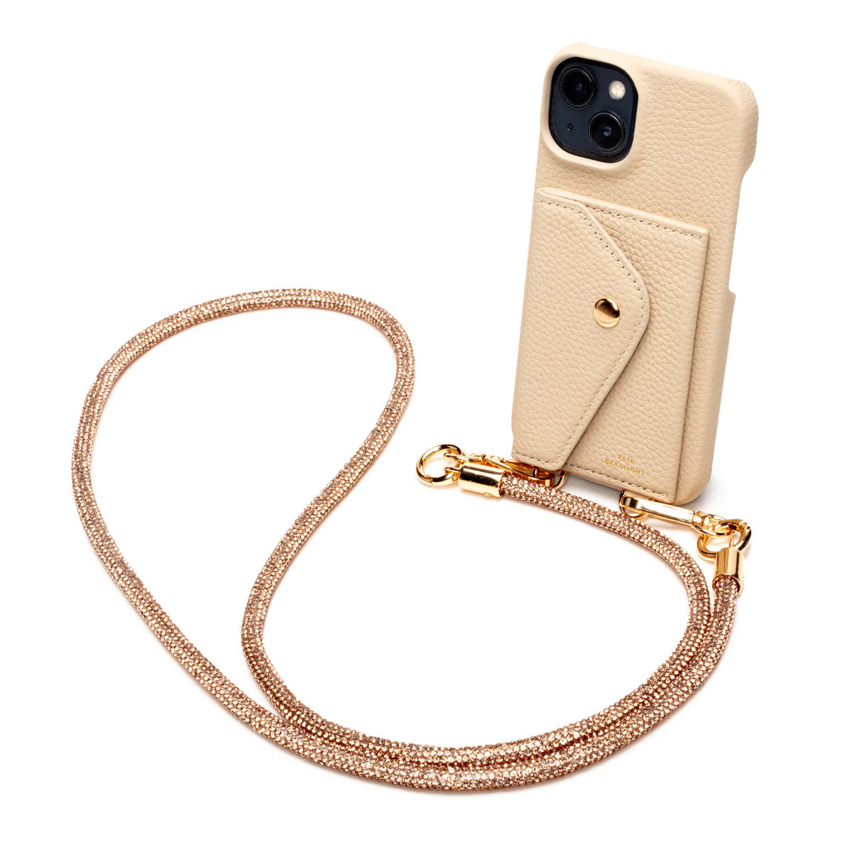 Elie Beaumont Genuine Leather iPhone Case - Stone - Champagne Diamante Lanyard