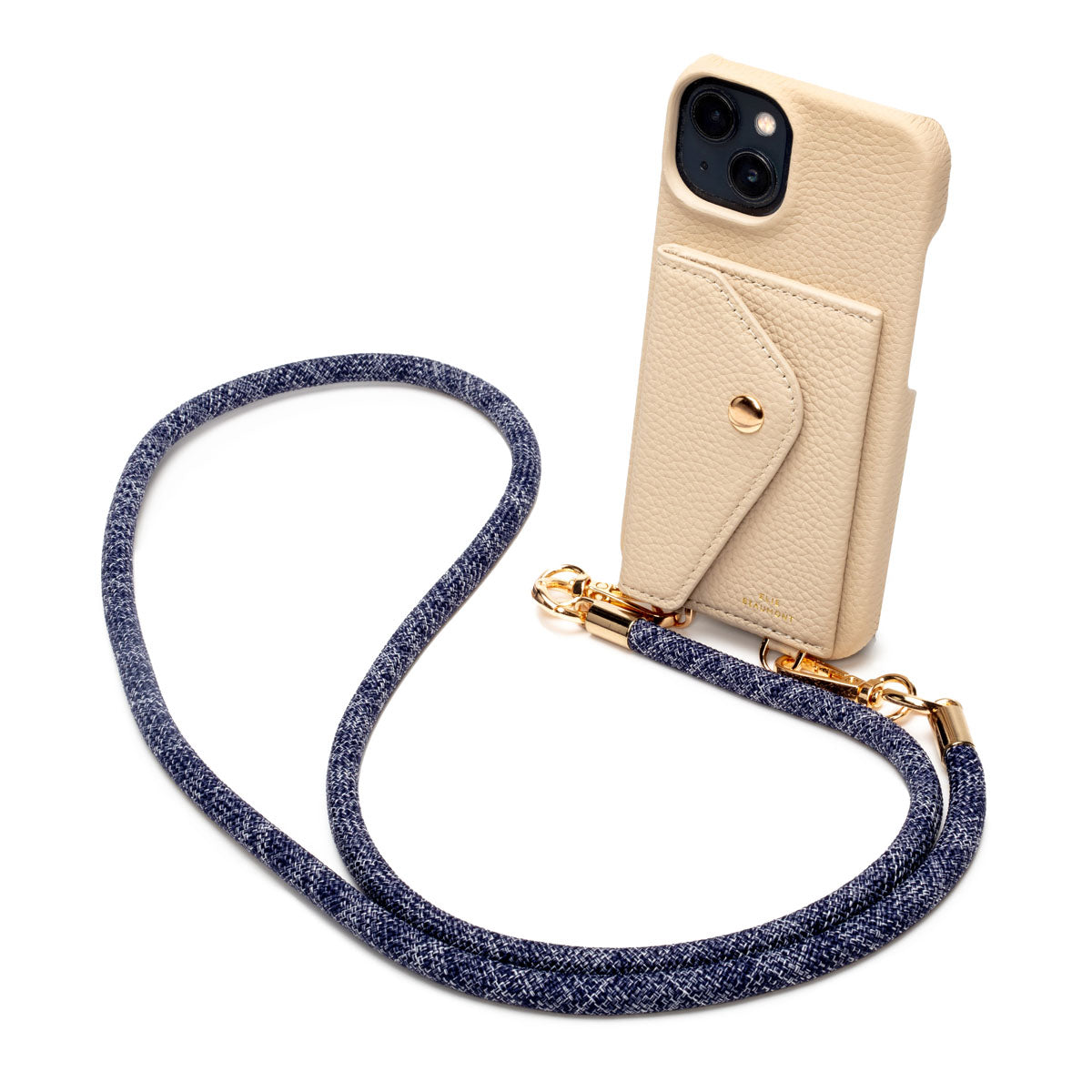 Elie Beaumont Genuine Leather iPhone Case - Stone - Distressed Denim Lanyard