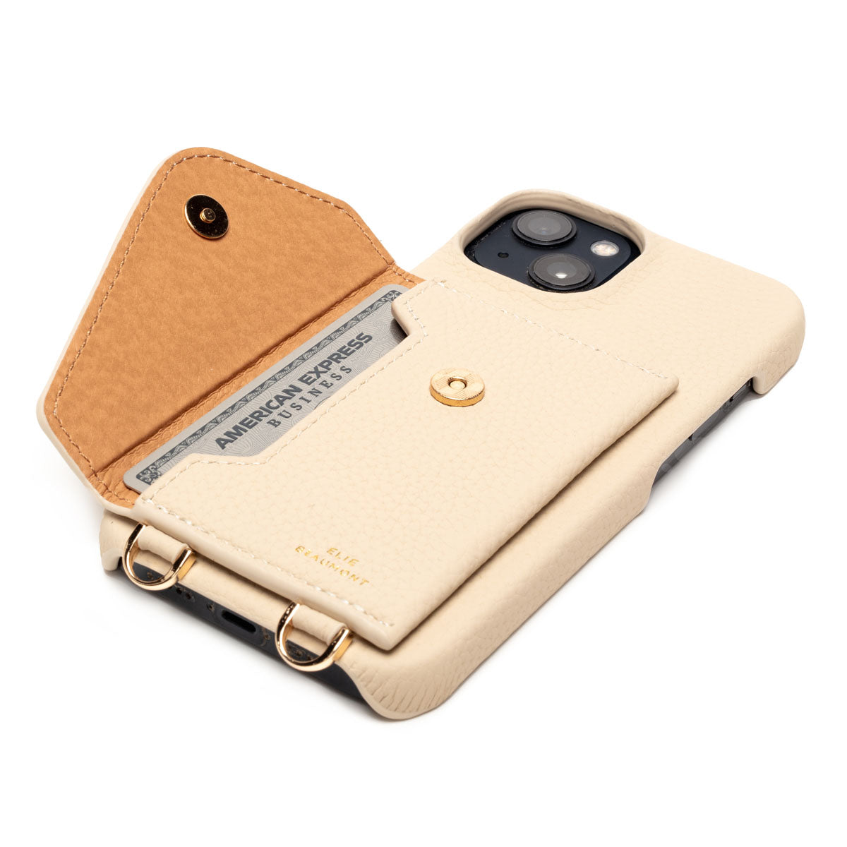 Elie Beaumont Genuine Leather iPhone Case - Stone - Distressed Denim Lanyard