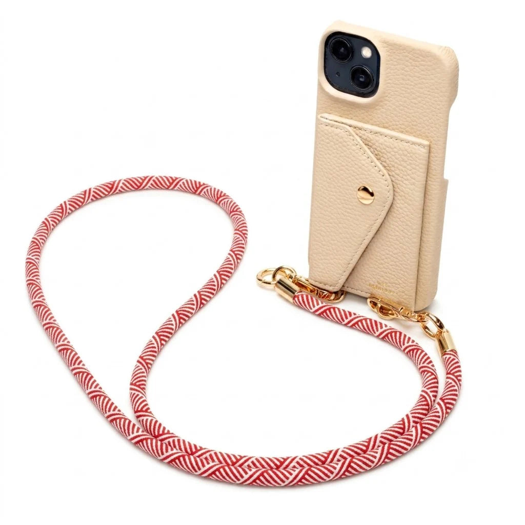 Elie Beaumont Genuine Leather iPhone Case - Stone - Red Inca Lanyard