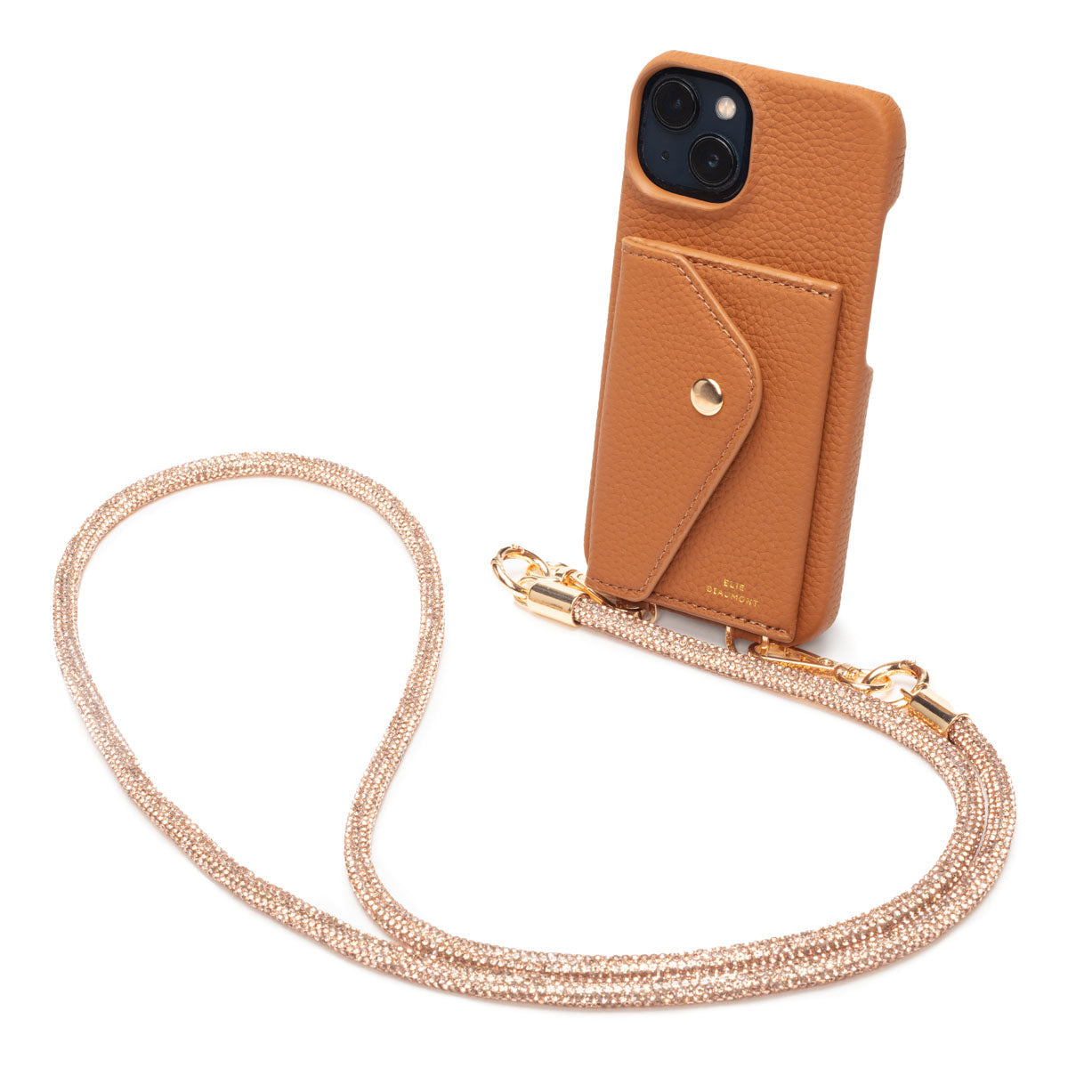 Elie Beaumont Genuine Leather iPhone Case - Tan - Champagne Diamante Lanyard