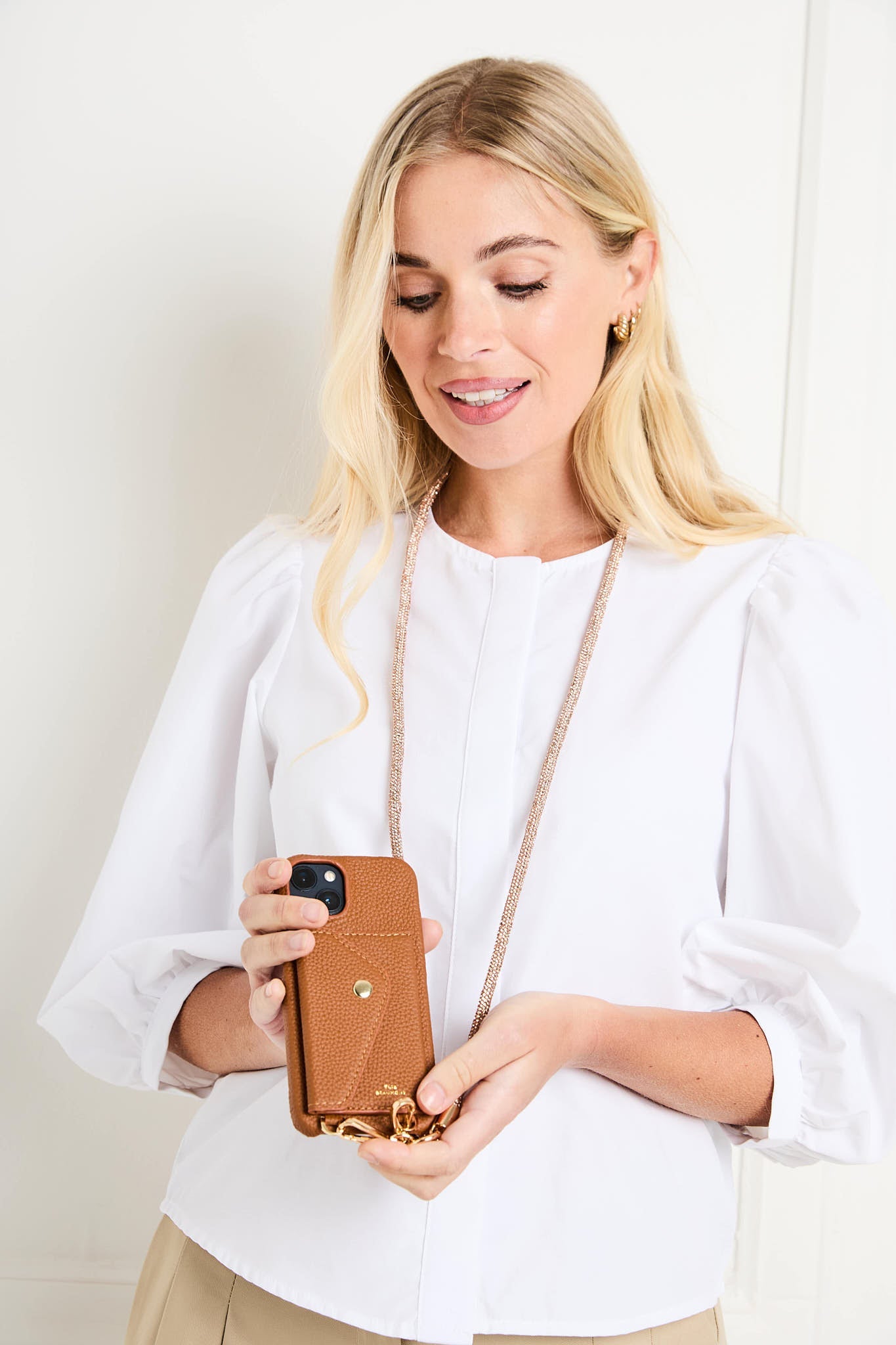 Elie Beaumont Genuine Leather iPhone Case - Azalea - Gold Glam Lanyard