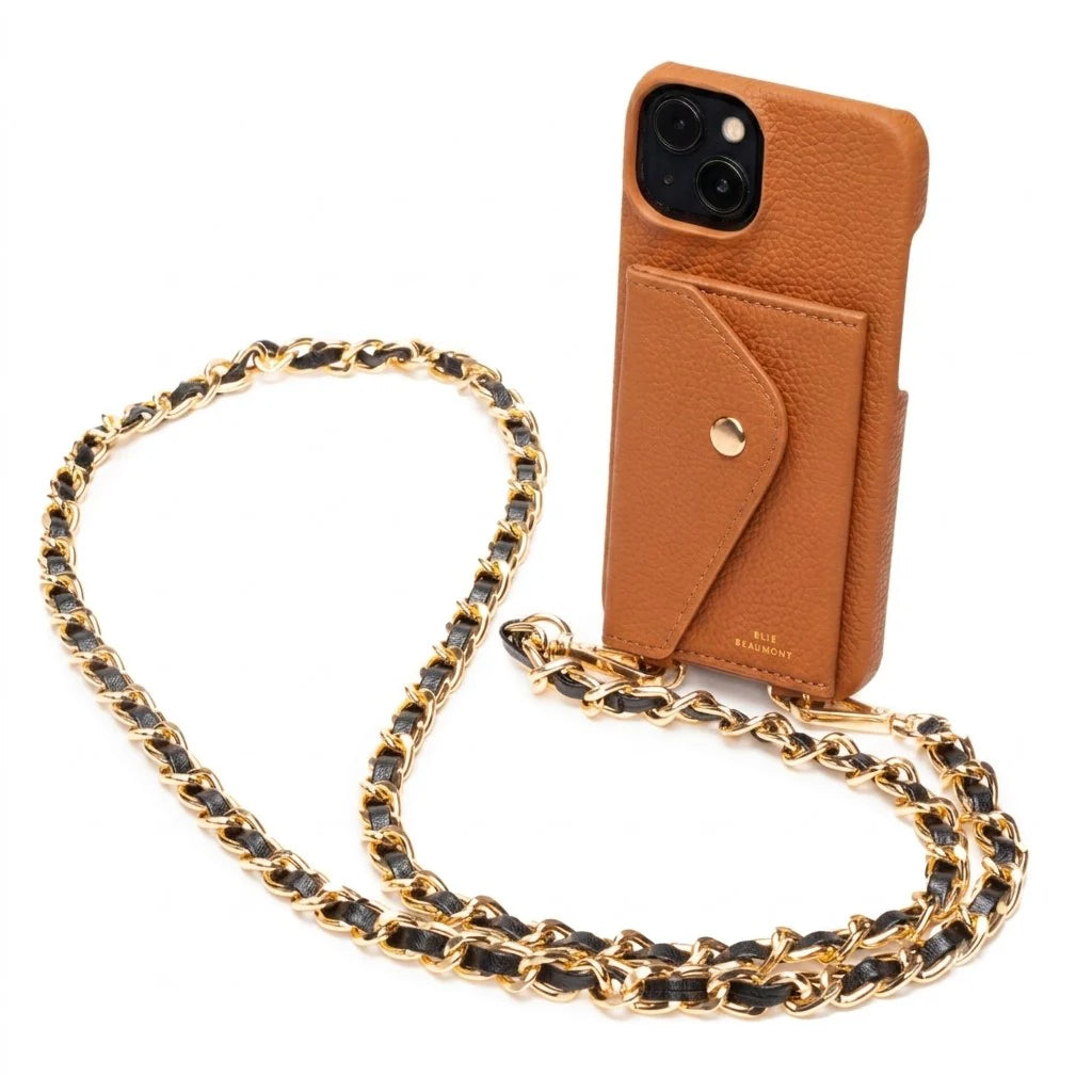 Elie Beaumont Genuine Leather iPhone Case - Tan - Black Chain Lanyard