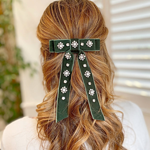 QueenMee Velvet Bow Hair Clip in Green with Jewels