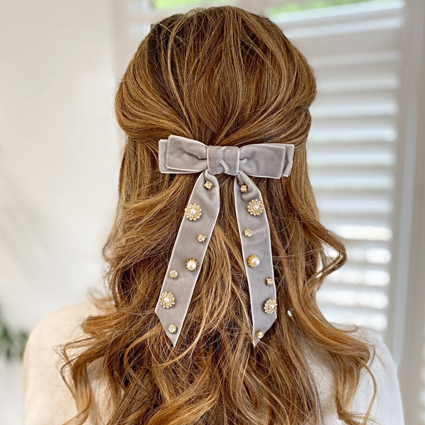 QueenMee Velvet Bow Hair Clip in Grey with Jewels