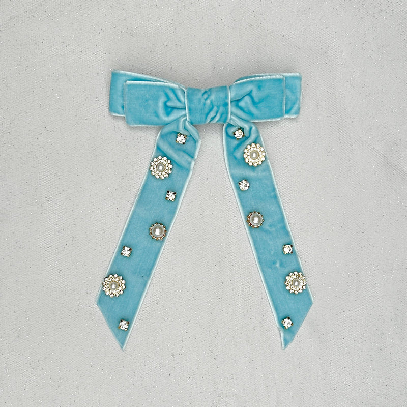 QueenMee Velvet Bow Hair Clip in Light Blue with Jewels