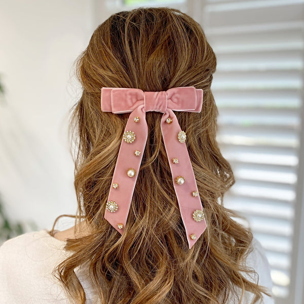 QueenMee Velvet Bow Hair Clip in Pink with Jewels