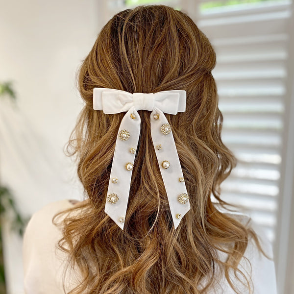 QueenMee Velvet Bow Hair Clip in White with Jewels