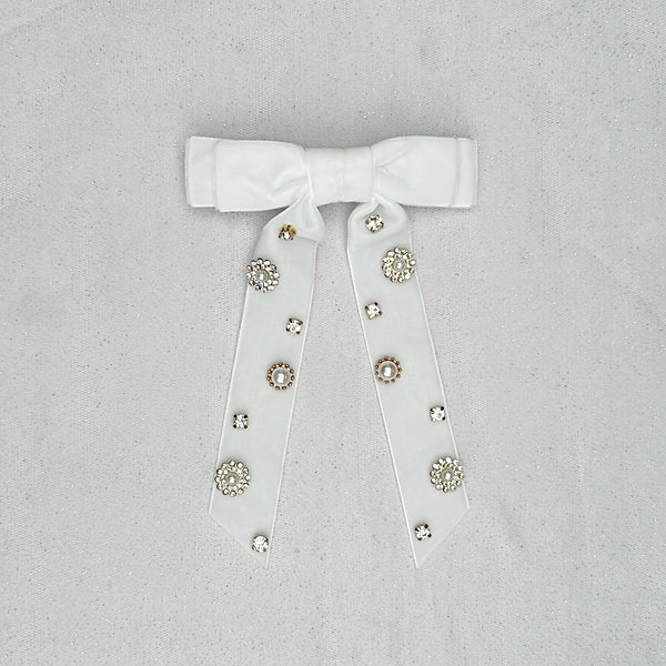 QueenMee Velvet Bow Hair Clip in White with Jewels