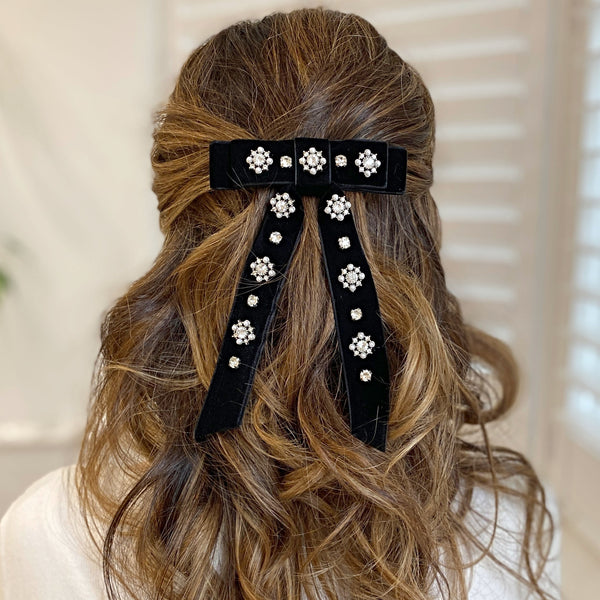 QueenMee Velvet Bow Hair Clip in Black with Jewels