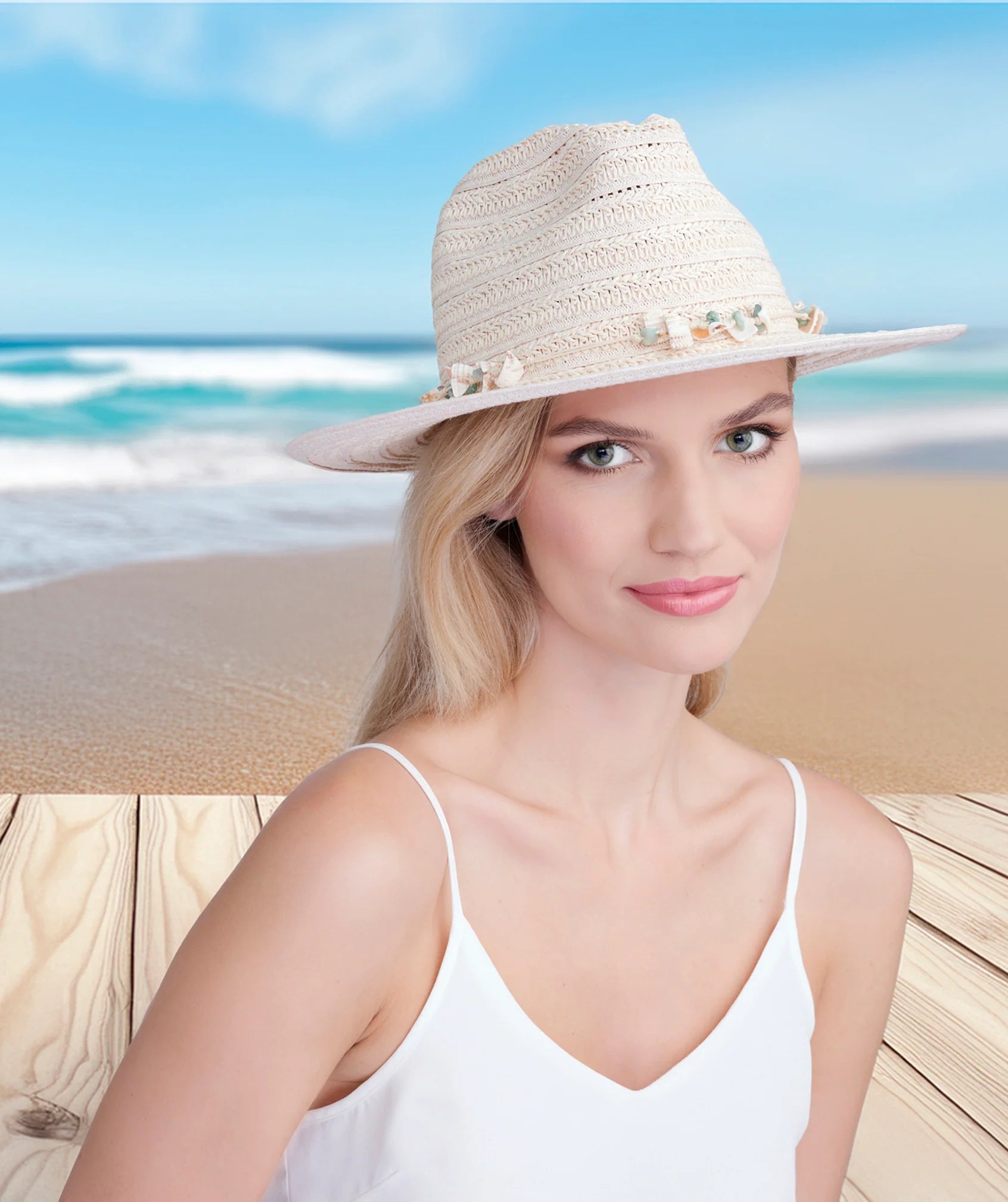 Natural Paper Straw Fedora Hat with Shell Bead Embellishment