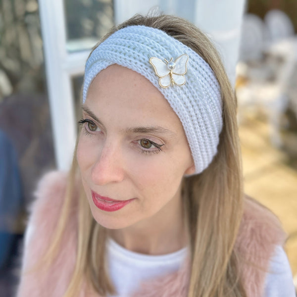 QueenMee Winter Headband White with Butterfly Brooch