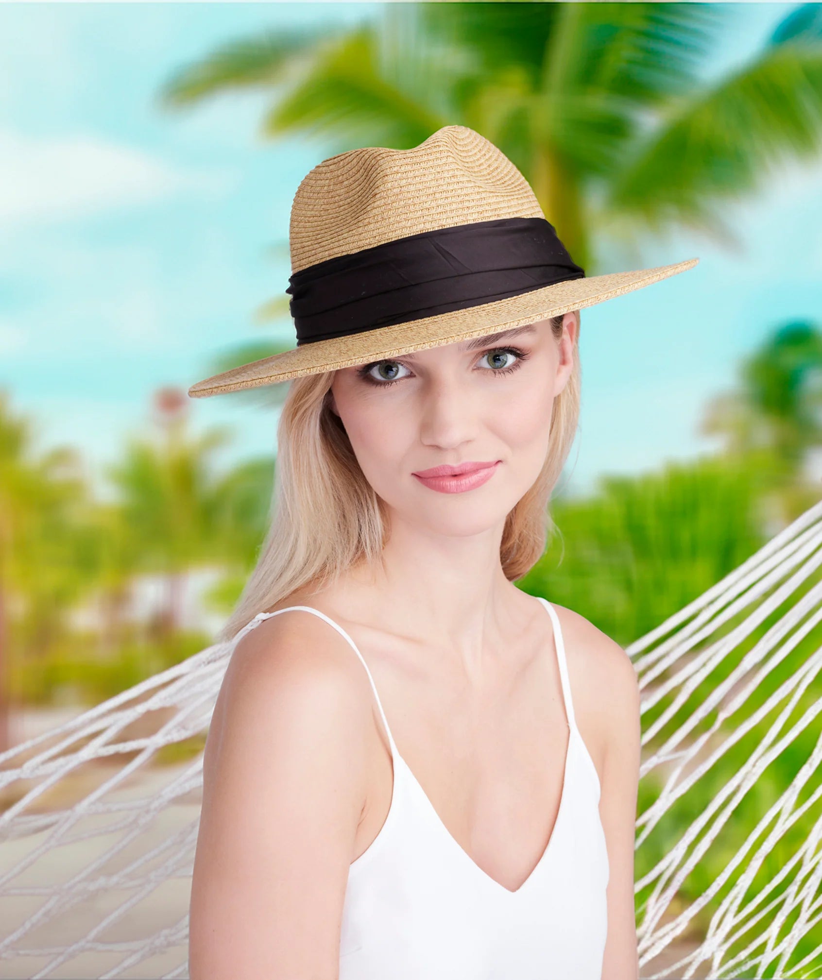 Tan/Black Straw Fedora with Satin Band - UPF 50