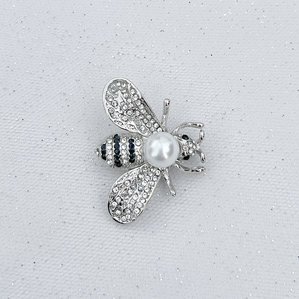 QueenMee Bee Brooch Silver Pearl Pin Crystal