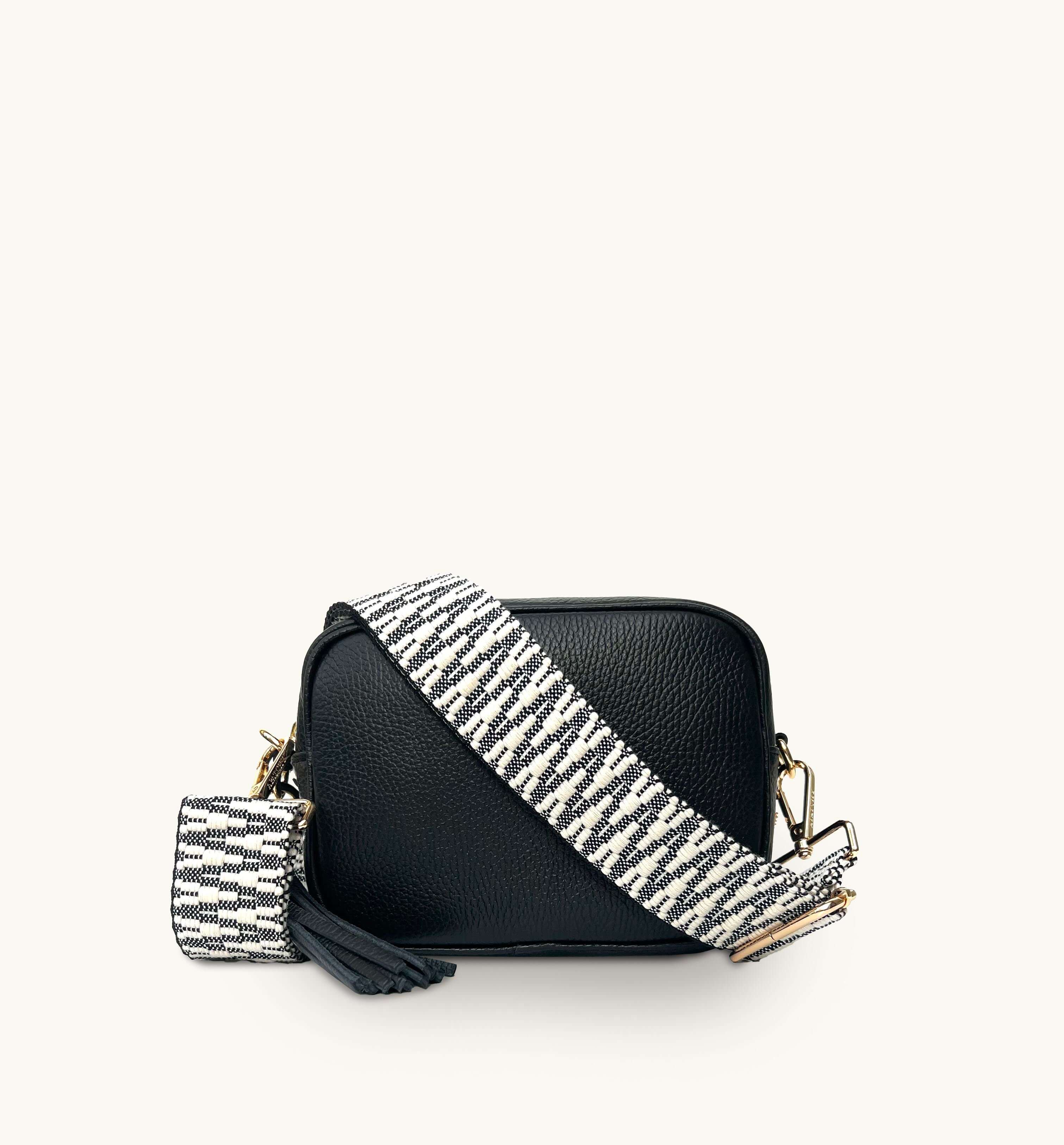 Apatchy London The Tassel Black Leather Crossbody Bag With Midnight Zigzag Strap