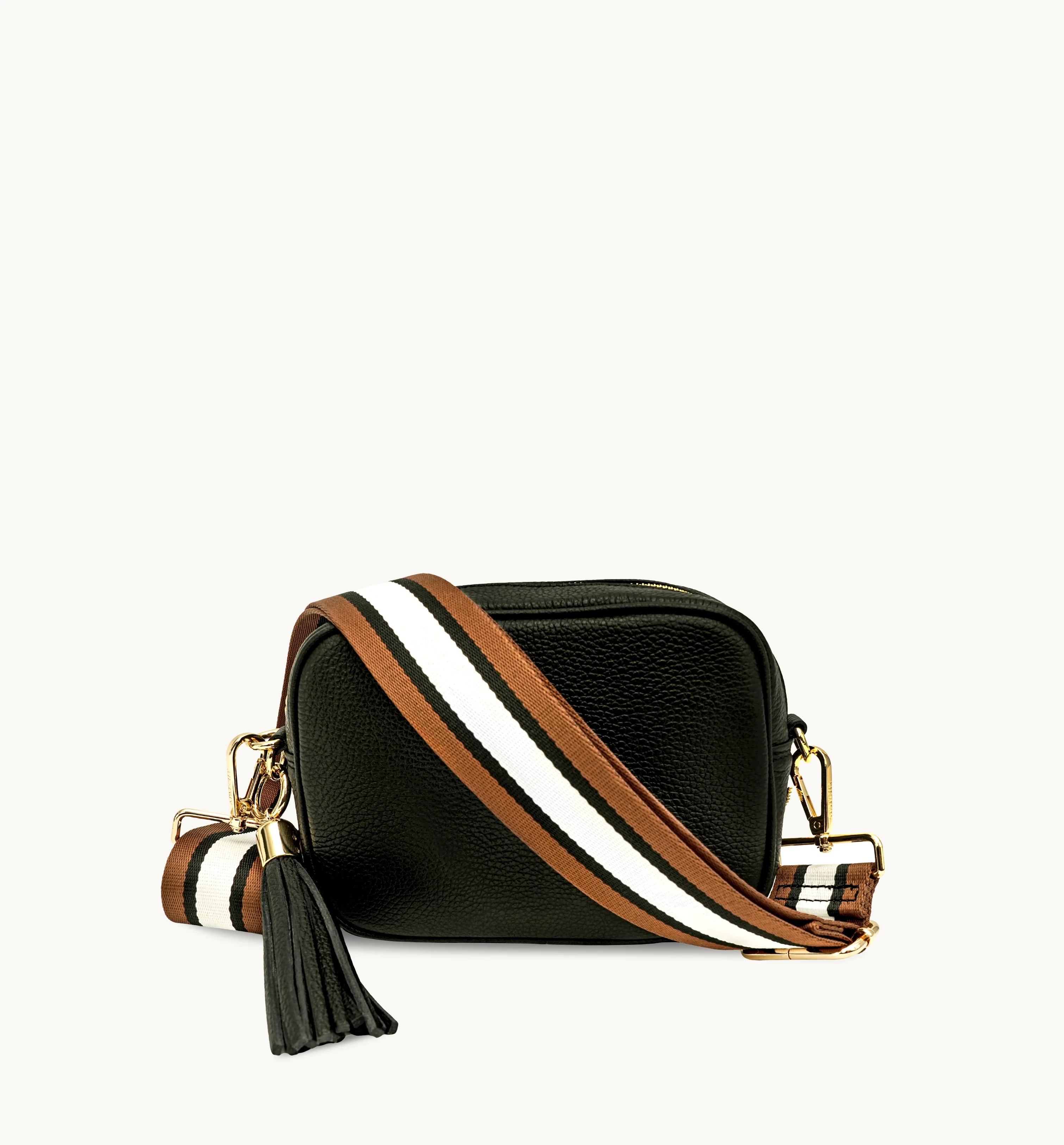 Apatchy London The Tassel Black Leather Crossbody Bag With Tan Stripe Strap