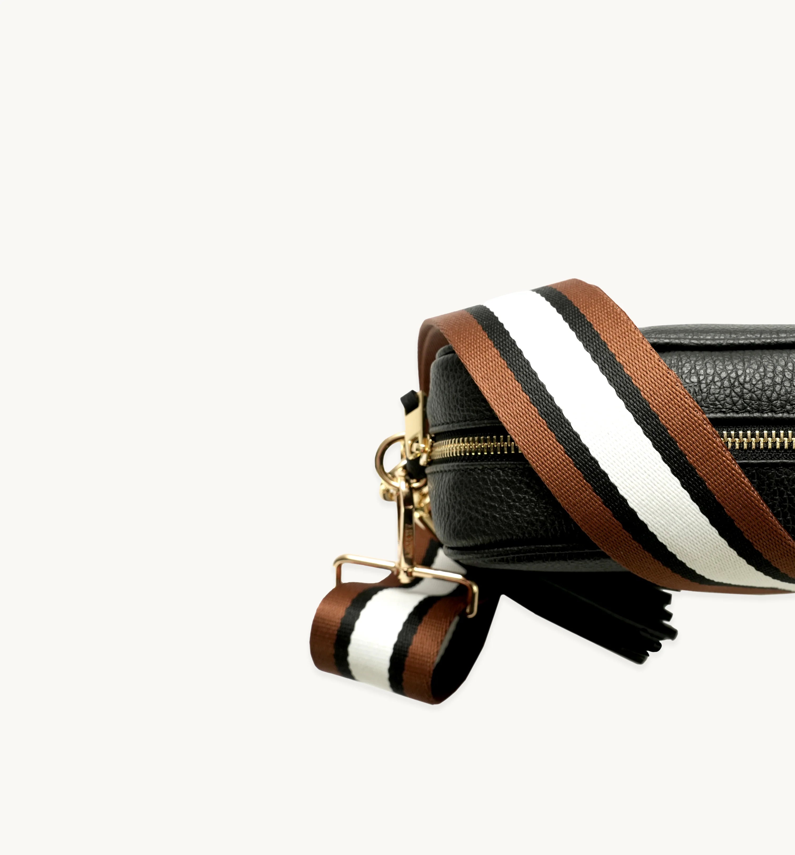 Apatchy London The Tassel Black Leather Crossbody Bag With Tan Stripe Strap