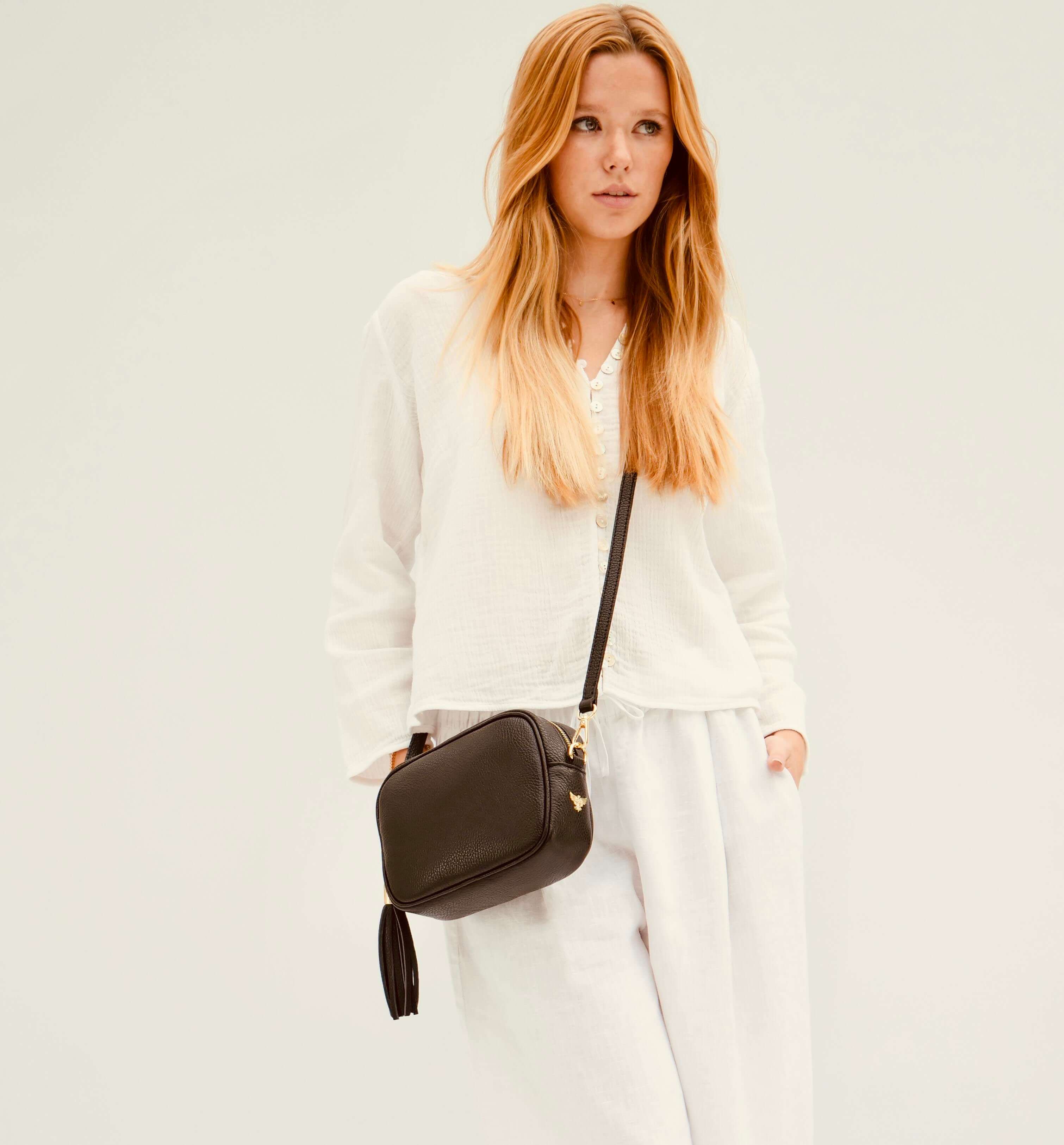 Apatchy London The Tassel Black Leather Crossbody Bag With Black & Stone Maze Strap