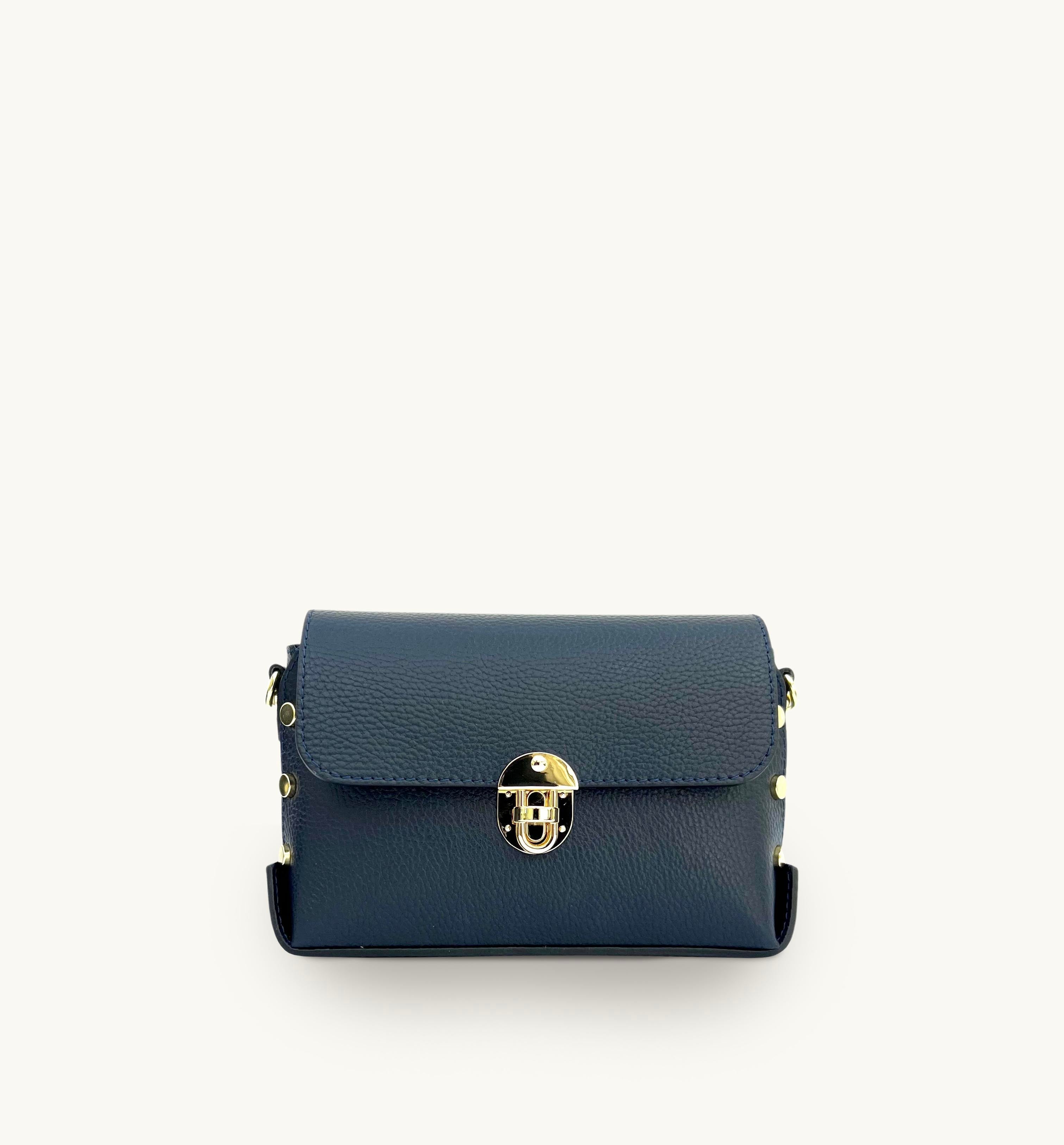 Apatchy London The Bloxsome Navy Leather Crossbody Bag With Canvas Strap