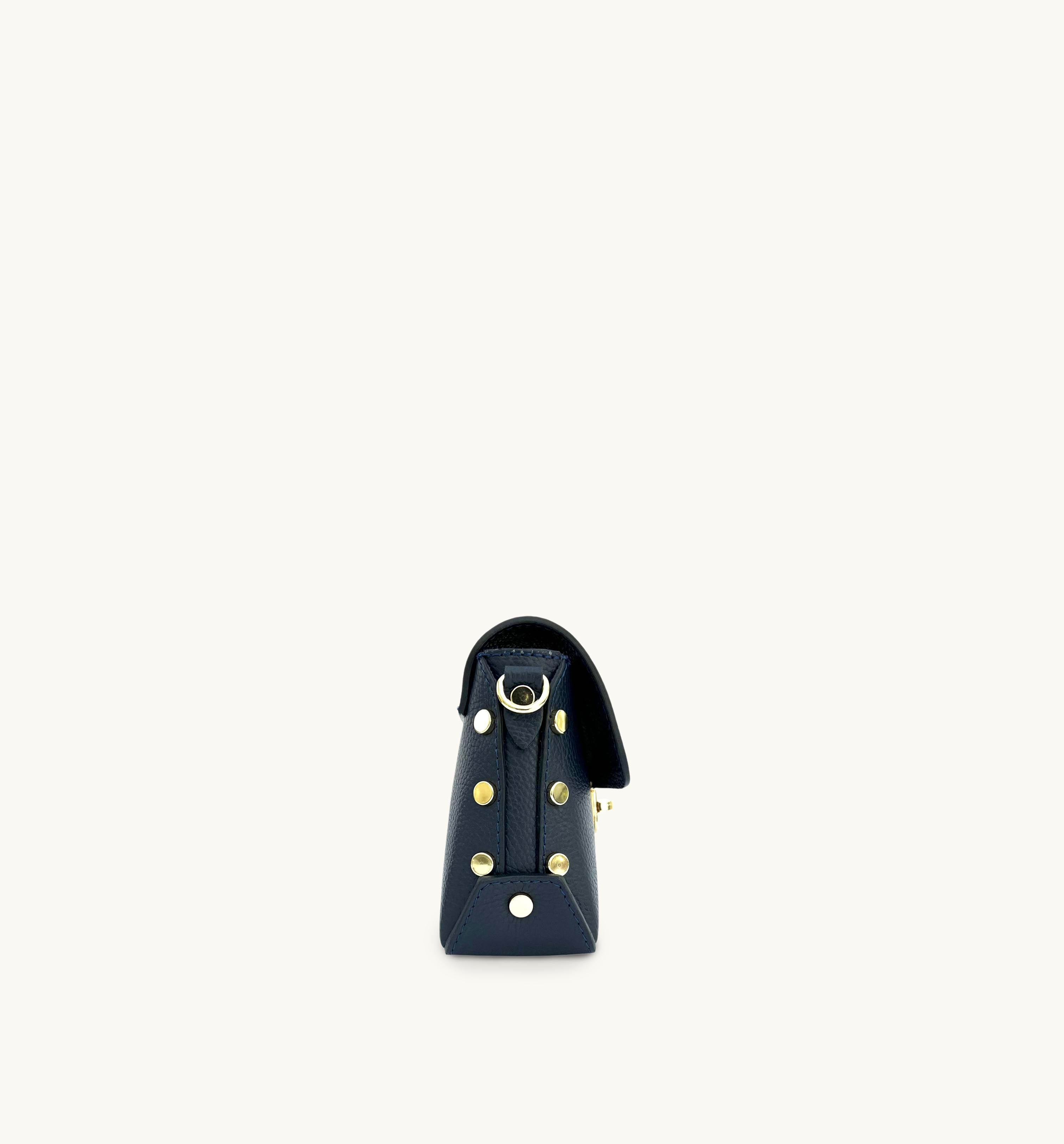 Apatchy London The Bloxsome Navy Leather Crossbody Bag With Canvas Strap