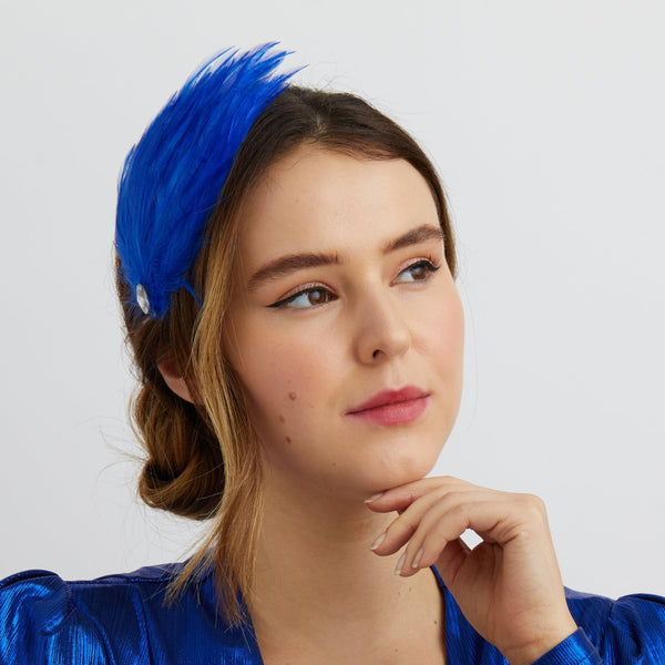 QueenMee Blue Fascinator Headband Cobalt Blue with Feathers