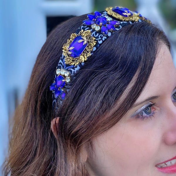 QueenMee Blue Statement Headband Blue Hair Band Baroque Headband