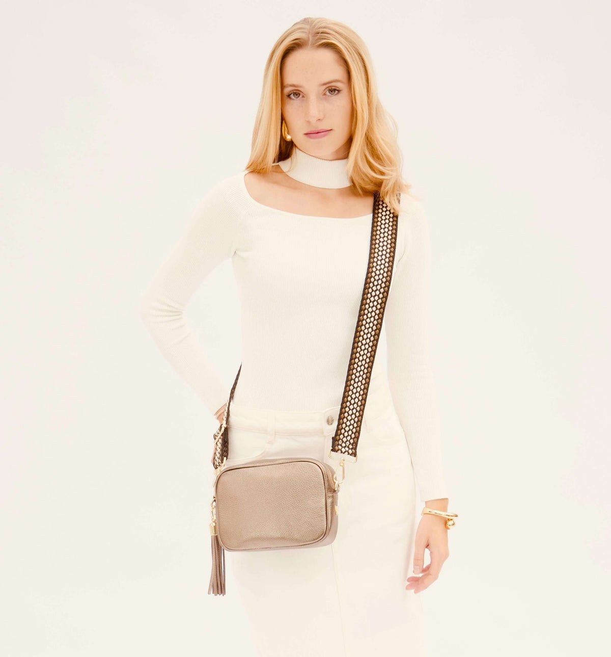 Apatchy London The Tassel Bronze Leather Crossbody Bag With Cappuccino Dots Strap