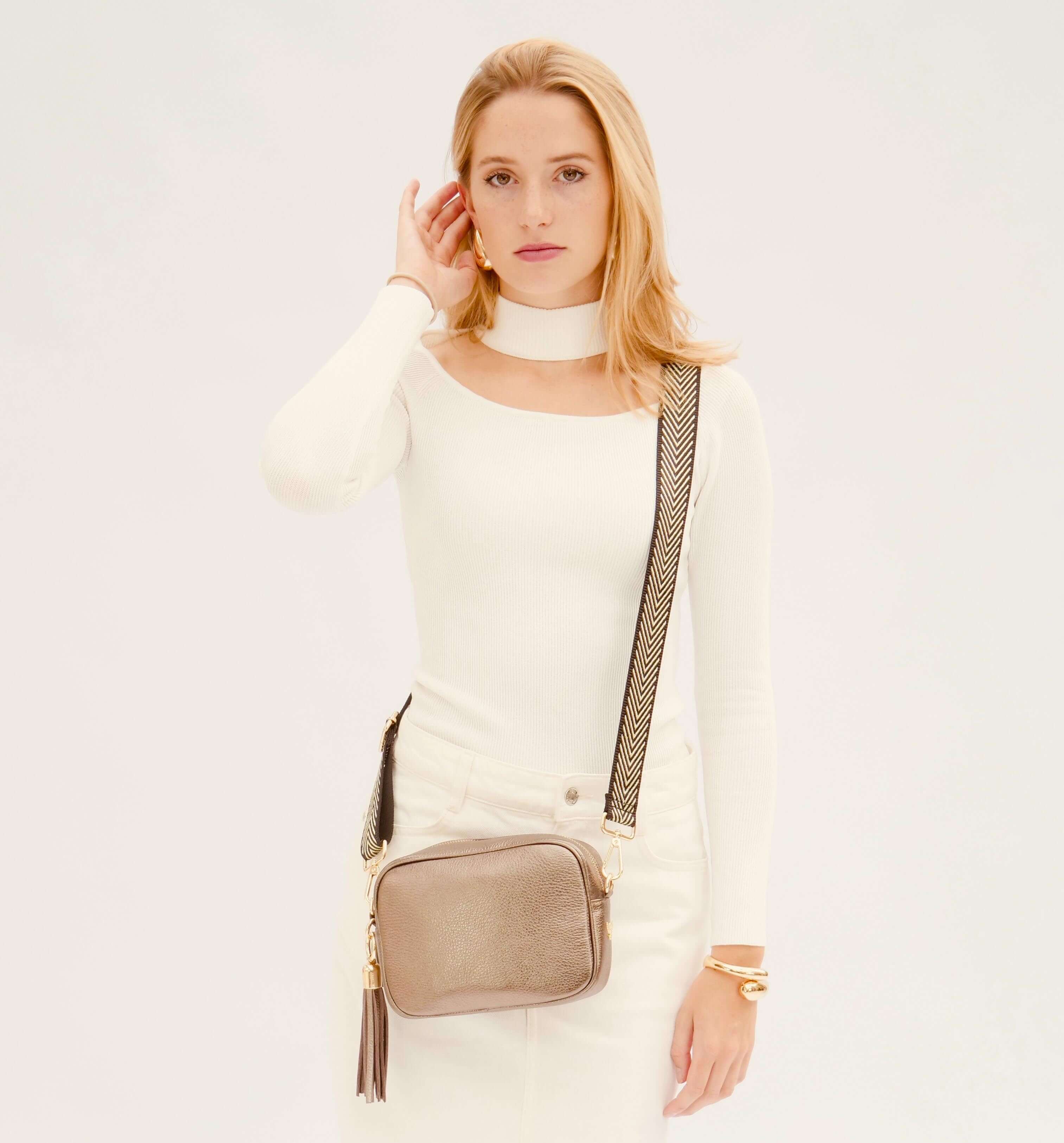 Apatchy London The Tassel Bronze Leather Crossbody Bag With Black & Gold Chevron Strap