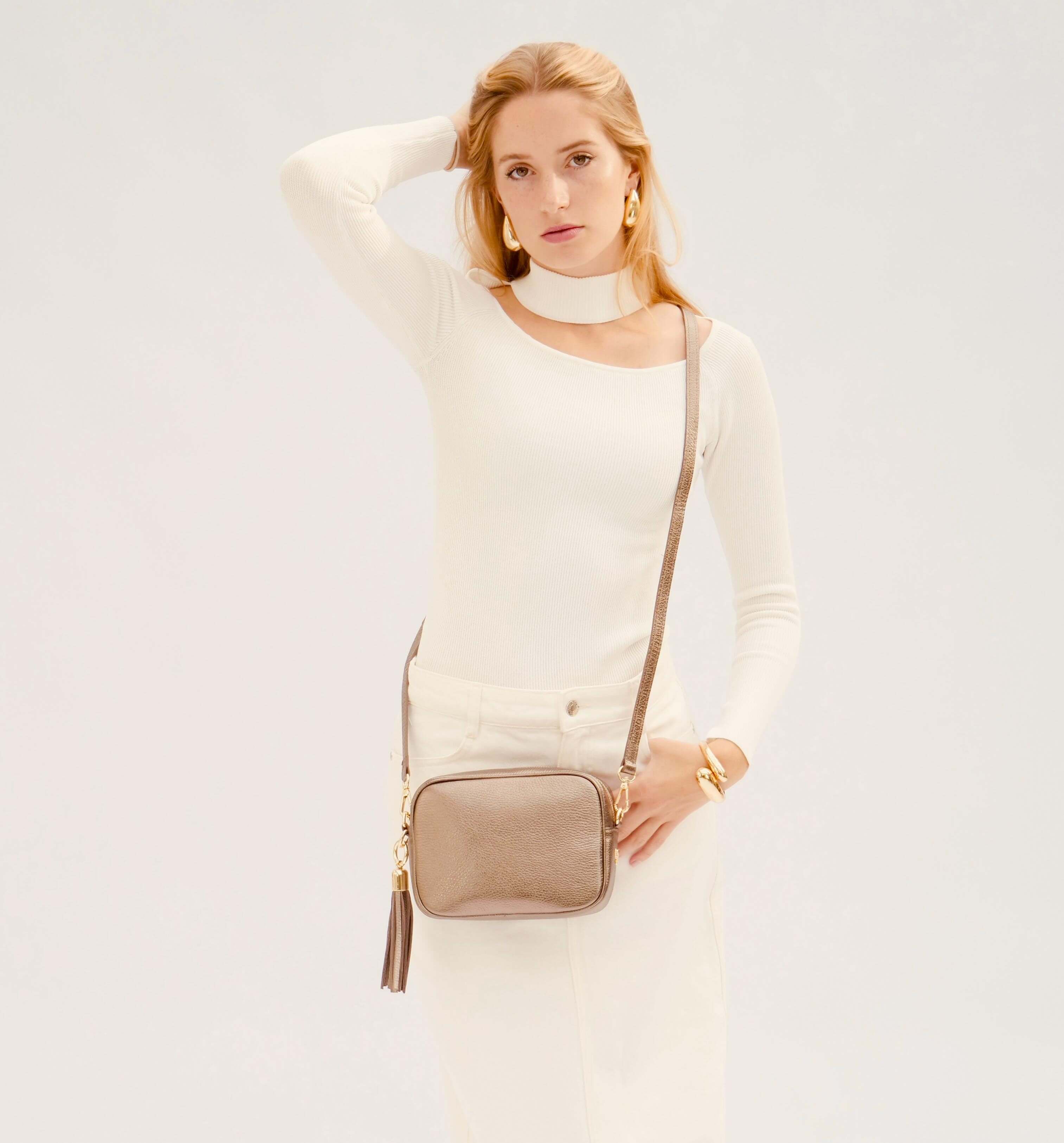 Apatchy London The Tassel Leather Crossbody Bag With Black & Gold Chevron Strap