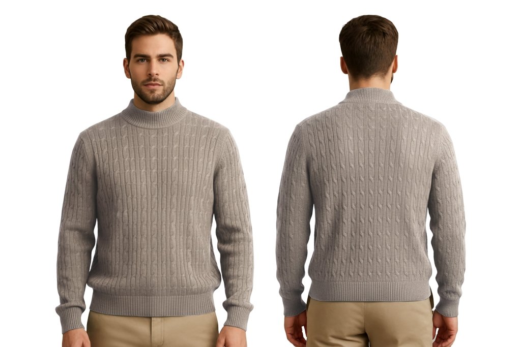 Cashmere Polo Club Beckham Men’s Mock Neck Pullover Allover Cable Knit - 100% Cashmere - Fragrance London