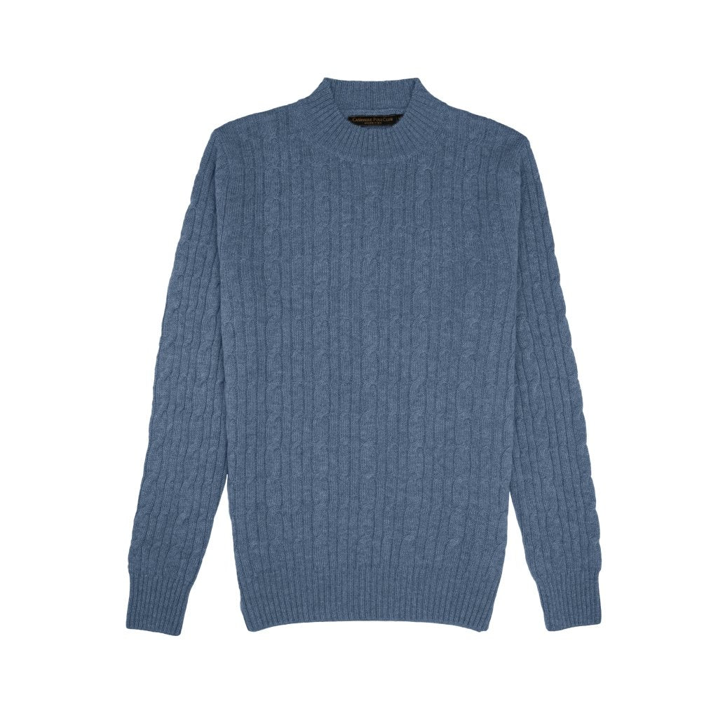 Cashmere Polo Club Beckham Men’s Mock Neck Pullover Allover Cable Knit Baltic - 100% Cashmere - Fragrance London