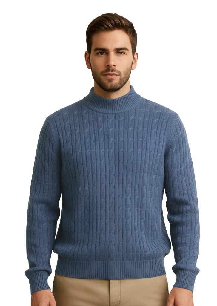 Cashmere Polo Club Beckham Men’s Mock Neck Pullover Allover Cable Knit Baltic - 100% Cashmere - Fragrance London