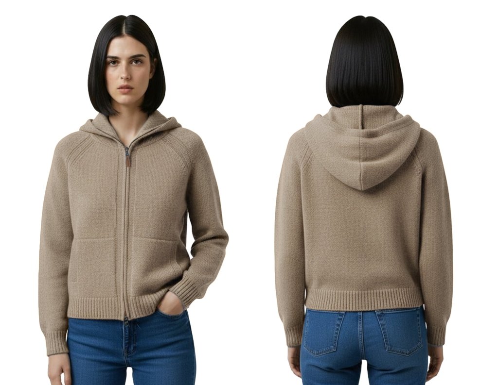 Cashmere Polo Club Claire Ladies Hooded Full Zip Cardigan with Aran Knit Front - 100% Cashmere - Fragrance London