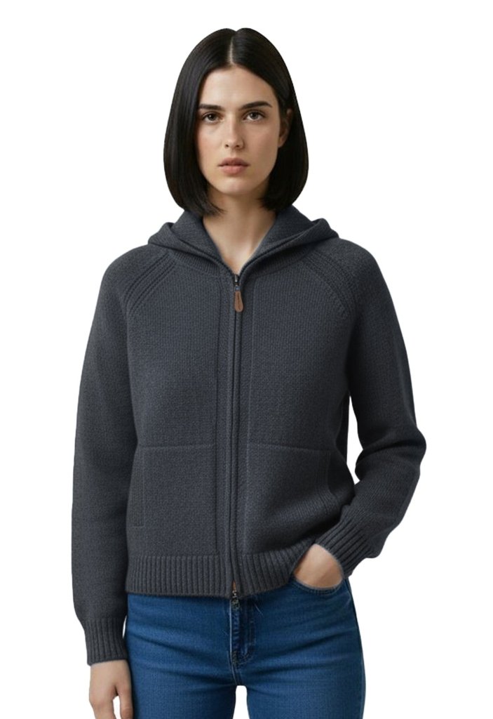 Cashmere Polo Club Claire Ladies Hooded Full Zip Cardigan with Aran Knit Front Charcoal - 100% Cashmere - Fragrance London